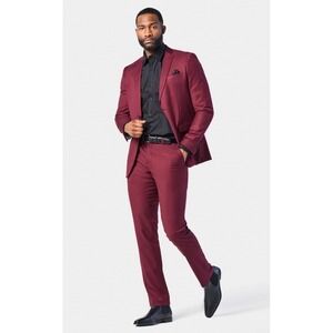 SuitShop Mens Burgundy 2 Button Suit Slim Fit Maroon Formal 2 Piece Set 44S